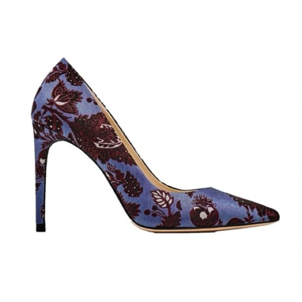 Zara blue & burgundy floral jacquard pointed toe stiletto pumps - size 7 (37) - Picture 1 of 11